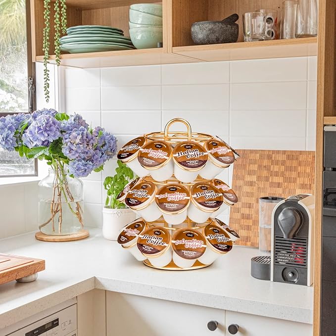 Coffee Pod Holder, K Cup Holders Carousel Organizer ,27 Coffee Pods Storage Compatible with K Cups, Spins 360-Degrees, Modern Gold Design ,Round,Shining Gold,3 Tier Home or Office Kitchen Counter Organizer