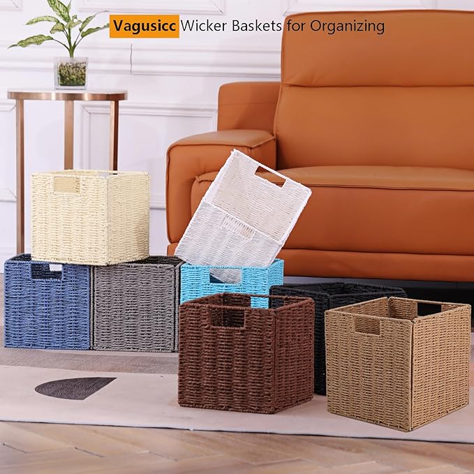 Vagusicc Wicker Storage Basket, Set of 2 Hand-Woven Paper Rope Storage Baskets, Foldable Cube Storage Organizer Bins, 11 Inch Wicker Storage Baskets for Shelves and Decor, Square Storage Basket, Beige