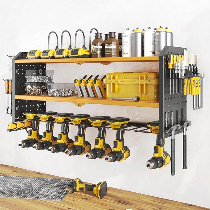 Warome Tool Organizer with Charging Station, Power Tool Rack Wall Mount with 8-Outlet Power Strip, Tool Storage for Garage with 8 Cordless Drill Holders, Battery Utility Shelf in Yellow