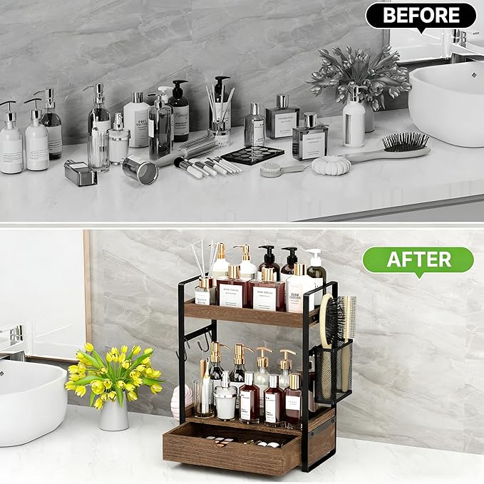 2-Tier Bathroom Counter Organizer with Drawer Basket and Hooks, Wood Bathroom Organizers and Storage for countertop, Farmhouse Dark Brown Countertop Organizer, Counter Shelf for Vanity Kitchen Office