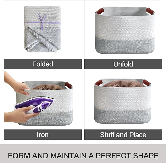 Large Cotton Rope Storage Basket with Leather Handles, Laundry Hamper Basket, 20 "L x 14" W x 12 "H, Durable & Stylish Organizer for Home.(Large Light Gray )