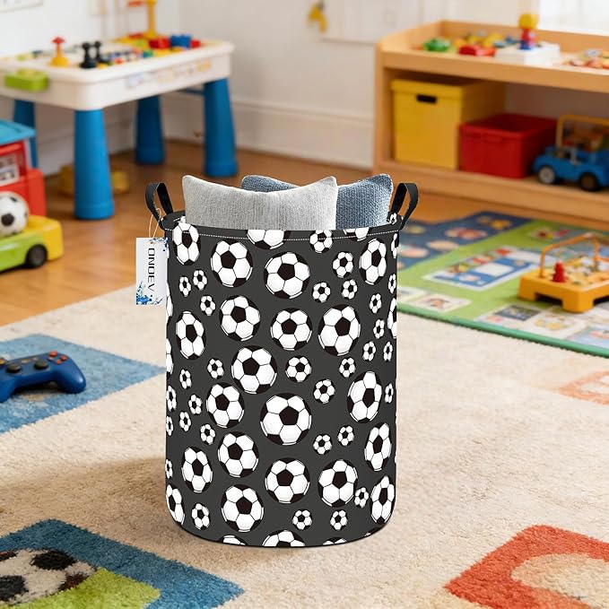 Round Soccer Laundry Basket,Collapsible Laundry Hamper for Nursery,Football Toy Storage Bin for Kids Boys,Waterproof Storage Basket for Home,Bedroom,Playroom(Soccer)
