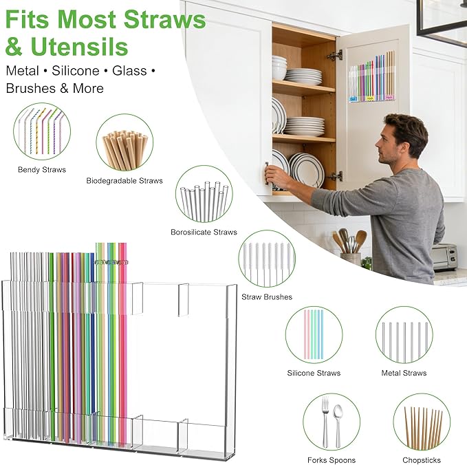 9.4” Large Acrylic Straw Holder for Cabinet Door, Reusable Straws Organizer Storage with Ultra Sticky Adhesive & Name Labels, Space-Saving Straw Storage Dispenser for Kitchen Counter Cupboard