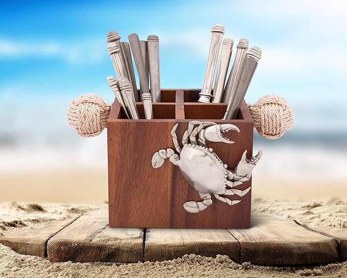 Vagabond House Caddy Square Acacia Wood Flatware/Serve ware/Utensil/Carry-All Holder with Solid Pewter Crab Accent and Real Rope Handles, 4 Compartments 11 inch x 8 inch