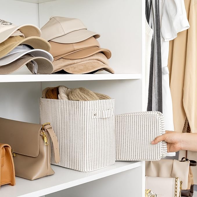 StorageWorks Narrow Storage Bins, Small Basket for Closet and Shelves, Rectangular Fabric Organizer with Handles, Toilet Paper Storage, Khaki and Beige Stripes, 2-Pack