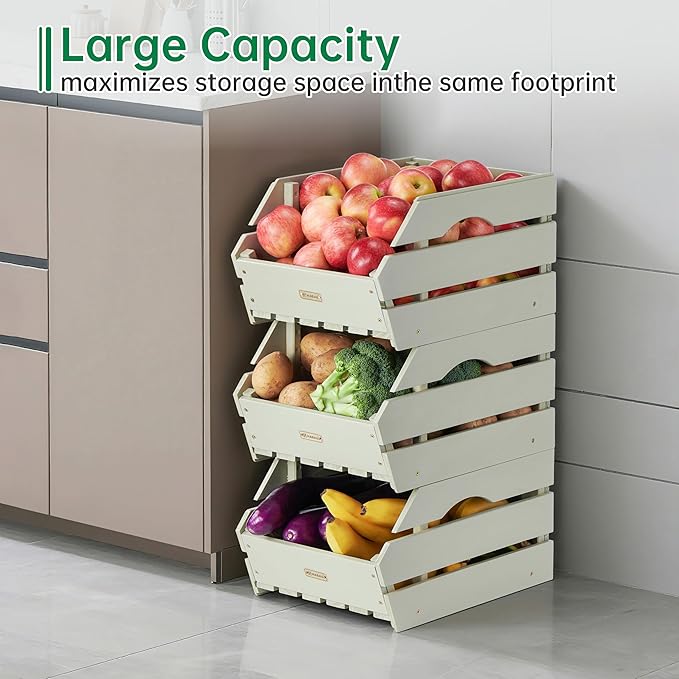 Wood Potato Onion Storage Bins - Wooden Stackable Produce Basket - Fruit Vegetable Storage for Kitchen Pantry Organization, Set 3 Pieces