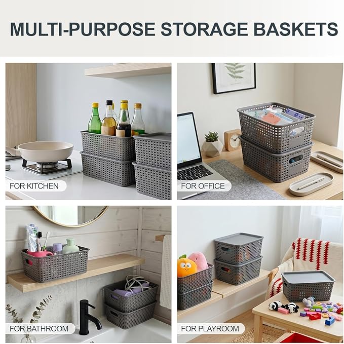 8 Pack Small Plastic Storage Baskets with Lids, Plastic Storage Baskets for Organizing, Stackable Organizer Baskets, Small Storage Bins for Shelves,Closet,Craft Room,Playroom,Classroom,Office, Grey