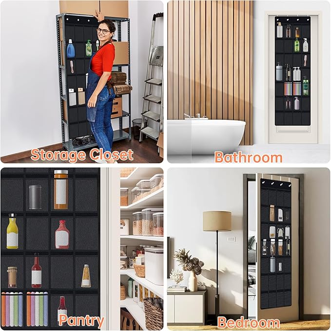 NiHome 28-Pocket Over-the-Door Organizer Fit for Stanley Cups, Large Tumblers, Water Bottles, Travel Mugs, Lids, Space-Saving Elastic Mesh Bottle Holder for Kitchen, Pantry, RV, Cabinet Doors (Black)