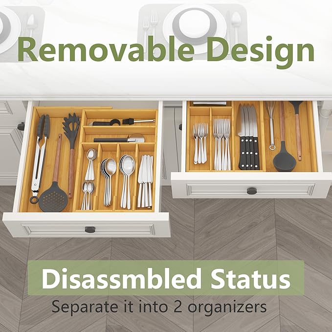 Suli Large Silverware Drawer Organizer, Adjustable Kitchen Flatware for Forks Knives and Spoons, Bamboo Cutlery Utensil Holder, Expandable from 22in-37in, Natural Bamboo