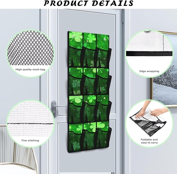 12-Pocket Storage Hanging Bag Behind the Door, Over the Door Organizer with Mesh Pockets for Shoes Essentials, Space Saving Door Organizer for Bedroom Dorm Closet, Lucky Leaf Pattern