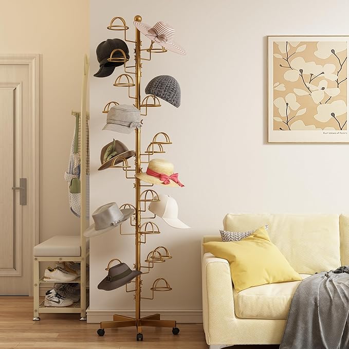Freestanding Hats Rack Stand with 25 Customizable Circular Hooks Metal Hat Rack Hats Tree Organizer Rack Display Standing Floor Hat Stand for Home Store Commercial, Gold