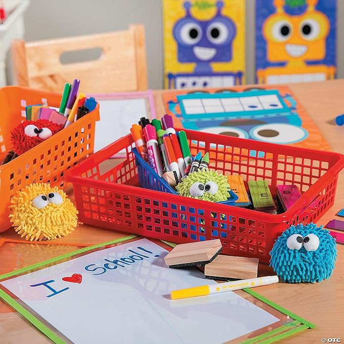 Fun Express Stackable Storage Bins 13x9.75x3 Inch - 6 Pack Colorful Plastic Storage Baskets with Handles for Classroom Organization | Paper Trays for Teachers, Office Storage & Home Organizing