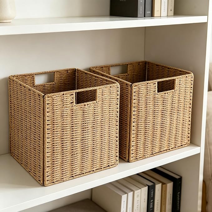 Vagusicc Wicker Storage Basket, Set of 2 Hand-Woven Wicker Basket, 11 inch Storage Baskets for Organizing and Decor, Foldable Cube Storage Organizer Bins Baskets for Shelves, Woven Basket, Natural