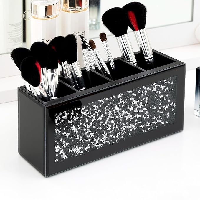 SHYFOY Black Makeup Brush Holder, 4-Compartment Makeup Organizer with Crushed Diamond Crystals, Vanity Cosmetics Organizer Solution, Pencil Holder Organizer for Desk