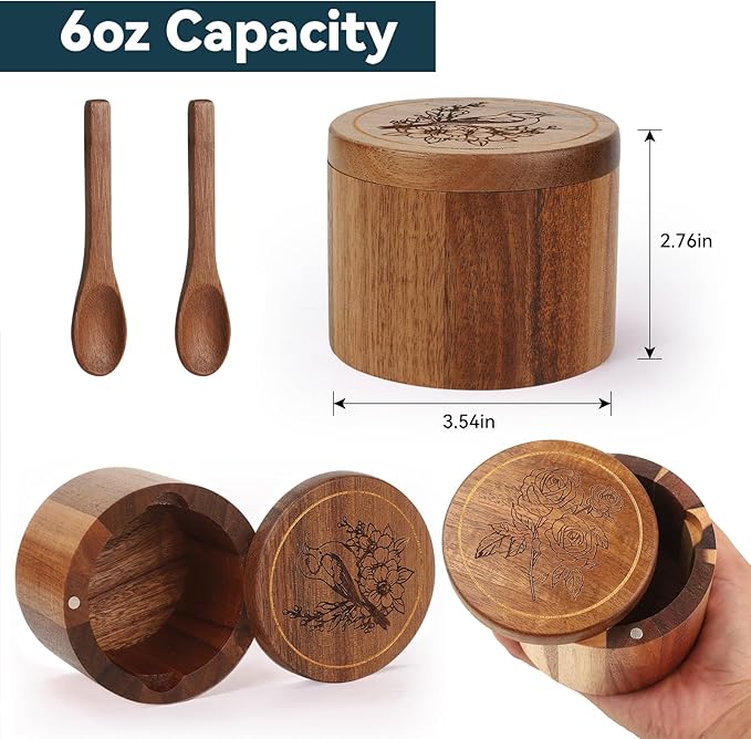 Timtopno Salt Cellar, 2PCS Salt Container Acacia Wood Salt and Pepper Box for Countertop with Built-in Spoon & Swivel Lid, Wood Salt Holder Bowl for Kitchen, Seasoning Storage (Rose & Bird Engraving)