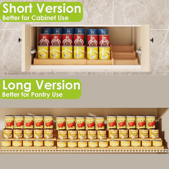 3-Tier Extra-Long Expandable Bamboo Can Rack for Pantry – Adjustable Pantry Can Organizer, Large Capacity Holds up to 45 Cans, Pantry Shelf & Countertop Storage (Patent Pending)