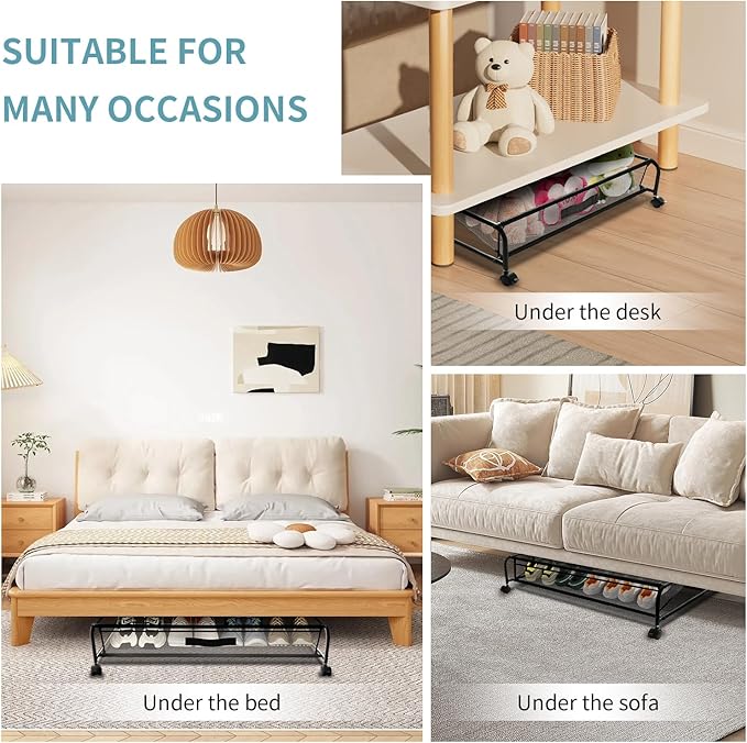 Under Bed Shoe Storage with Wheels, Space Saving Shoe Organizer with Sturdy Metal Frame & Breathable Mesh, Suitable Under The Bed, Sofa and Desk, 1 Pack