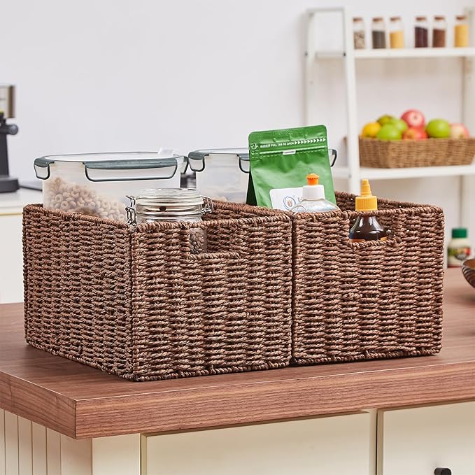 Vagusicc Wicker Storage Basket, Set of 2 Hand-Woven Paper Rope Wicker Basket, Small Storage Baskets for Organizing Toilet Paper, Foldable Large Cube Storage Organizer Baskets Bin for Shelves (Brown)