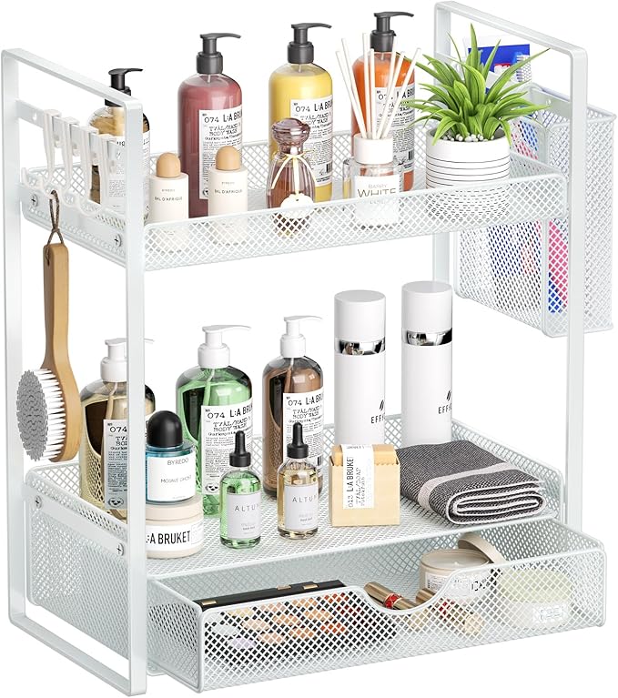 VITVITI 2 Tier Bathroom Organizer Countertop with Drawer, Metal Mesh Bathroom Counter Vanity Organizer Storage, Bath Room Shelf Sink Kitchen Spice Rack with Basket Hooks, White