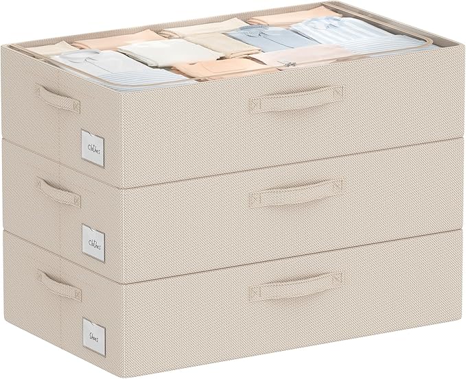 CYhom 3Pcs Under Bed Storage Bins with Metal Frame - Shoe Organizer for Closet with Clear Cover Oxford Fabric Sturdy Underbed Container Foldable Stackable Clothes Organizer (Beige, 23.5x15.7x6.3)