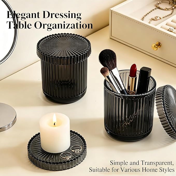 2 Pack Glass Qtip Holder Dispenser Set - Bathroom Organizer for Cotton Swabs, Balls, Pads, Floss Picks - Clear Apothecary Jars for Vanity, Makeup Storage, Bathroom Accessories Decor (Black)
