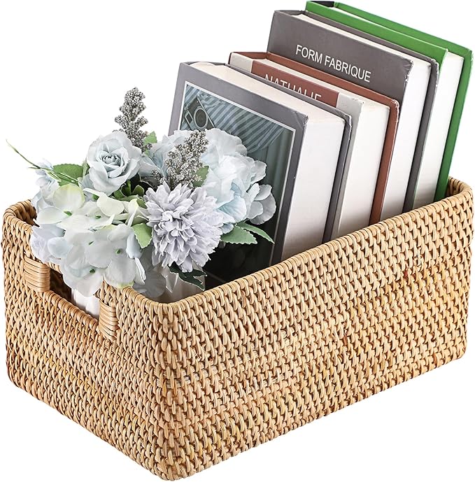 Hipiwe Handwoven Rattan Basket Wicker Storage Basket Box with Build-in Handles Natural Open Storage Bin for Shelf Bathroom Living Room Kitchen, 13" x 8.7" x 5.9"