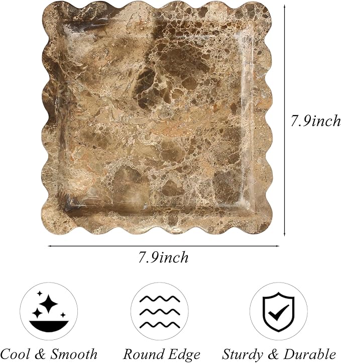 Square Marble Vanity Tray with Scalloped Edge - Natural Marble Perfume Tray Decor for Dresser, Vanity, Kitchen, Home Decor, Decorative Square Stone Tray - Brown 8 * 8 inch