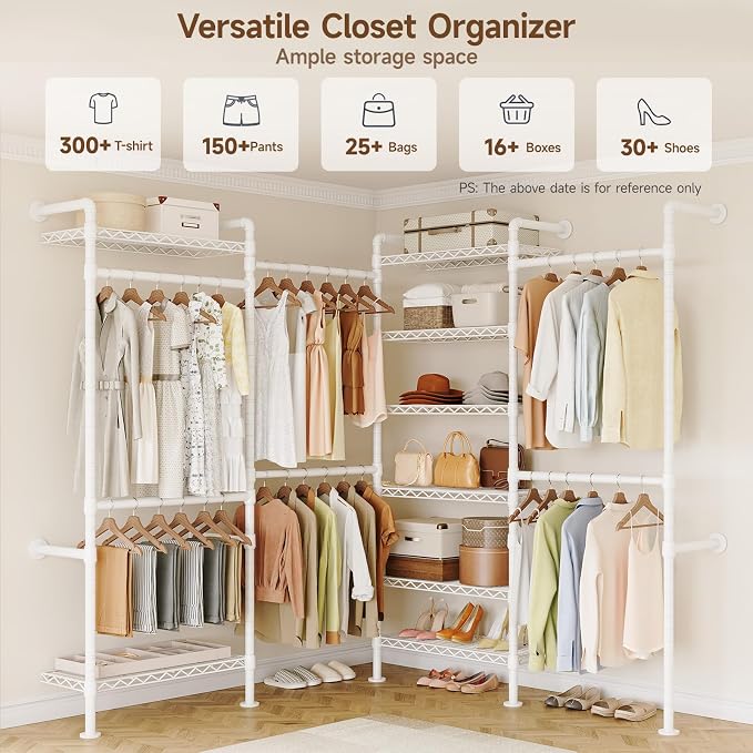 ONBRILL L4 Wall Mounted Industrial Pipe Clothing Rack, Closet Organizer System with 6 Hanging Clothes Rods ( 4 Expandable Rods) & 8 Shelves, Heavy Duty Corner Garment Rack, Large Wardrobe - White