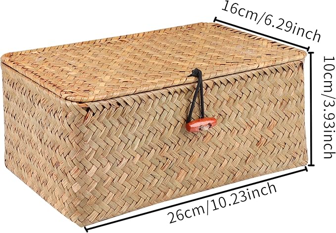 Moosky Wicker Shelf Baskets with Lid,Handwoven Seagrass Basket for Storage Basket Bins Rectangular Home Organizer Gift Boxes (Natural Large)
