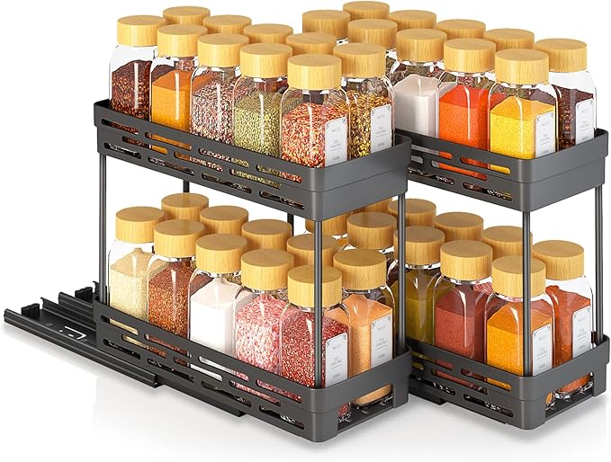 2 Pack Pull Out Spice Rack Organizer for Cabinet, Slide Out Spice Racks Organizer, Spice Cabinet Organizers, Cabinet Size Need:12'' Highx11'' Deepx5'' Wide,Hold 10 Spice Jar Each Tier-2Tier, Black
