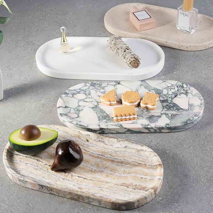 Koville Natural Marble Tray for Bathroom Countertop, Marble Vanity Trays for Perfume, Cosmetics, Jewelry, Decorative Tray for Dresser Organizer, Stone Storage Trays for Bathroom Decor(Grey)