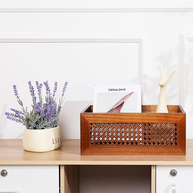 Wooden Storage Basket Set of 4 Handmade Rattan Drawer Storage Box with Frame & Handles Decorative Natural Bamboo Woven Bins Rustic Farmhouse Decor Home Office Tabletop Shelf Organizer