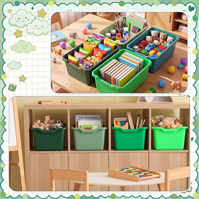 Dandat 16 Pcs Plastic Book Bins for Classroom Library Cubby Bins Scoop Front Stackable Toy Storage Tubs Containers for School Office Home Nursery Playroom Organization (Green Series)