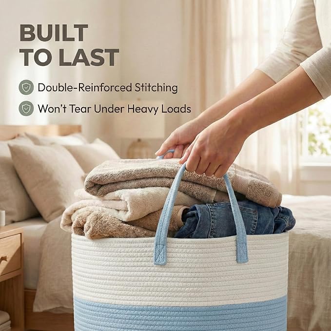 JMvicyroam 115L Extra Large Blanket Basket for Living Room - Woven Cotton Rope Laundry Hamper with Reinforced Handles - Storage Bin for Pillows, Comforters & Toys - Machine Washable,White&Blue