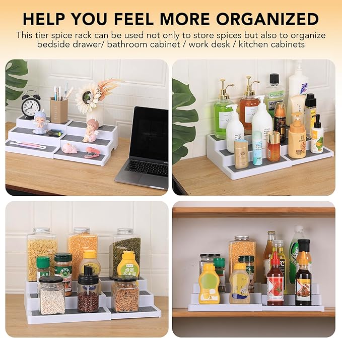 CiWiVOKi 3-Tier Expandable Spice Rack, Plastic Spice Rack Organizer for Cabinet, Adjustable Length, Non-Skid Spice Shelf Organizer for Kitchen Cabinet, Countertop or Pantry, 2 Pack, White/Grey