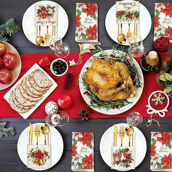 Harloon 80 Pcs Christmas Silverware Holder Napkin Set 60pcs Christmas Napkins 20pcs Xmas Paper Utensil Cutlery Holders Knife Fork Pocket Bags for Holiday Xmas Table Decorations Party Favor Supplies