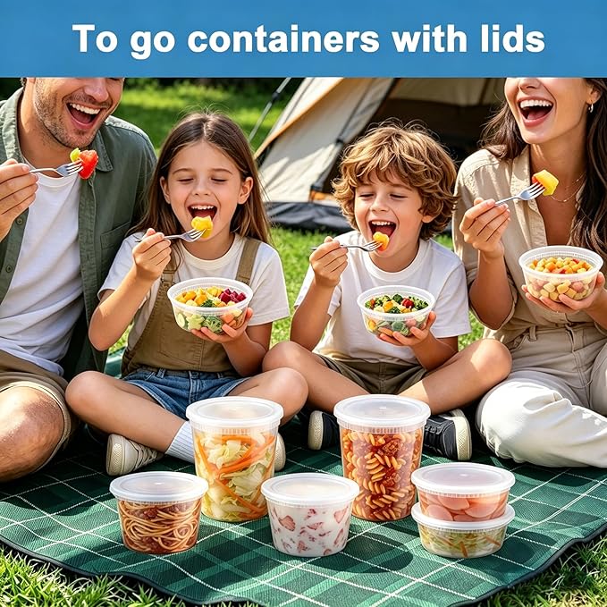 Lamosi 60 Sets Deli Containers with Lids, 8/16/32 oz Quart Containers BPA Free, Airtight Takeout Plastic Food Storage Container, Stackable Leakproof Microwave & Freezer Safe for Soup, Sauce & Leftover