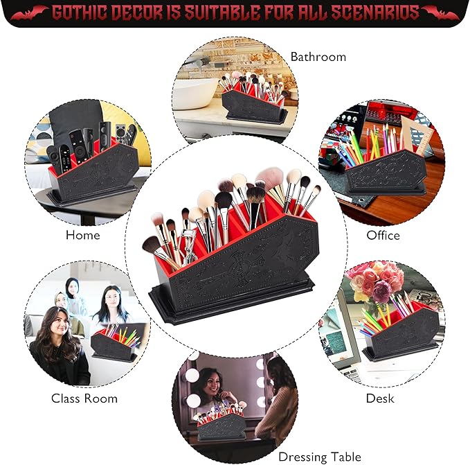 Gothic Coffin Decor Makeup Brush Holder,Spooky Witchy Gifts for Women,Bat Cosmetic Display Cases,Goth Decor Pen Holder, Vanity, Desk, Office Organizer for Bedroom Bathroom (Red)