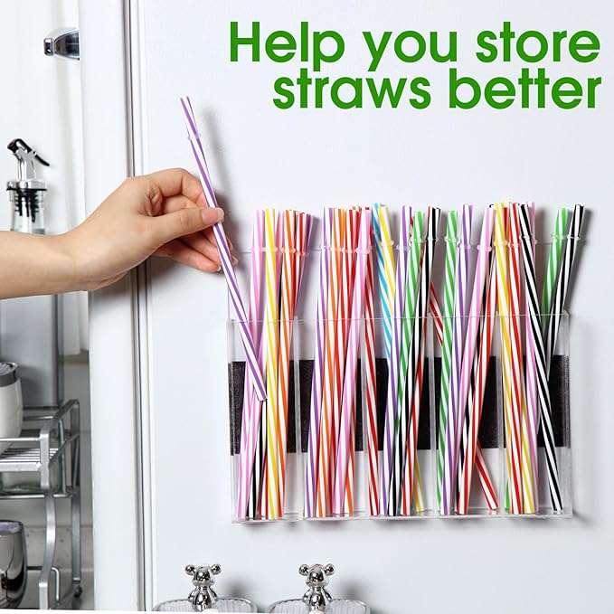 Honeydak Magnetic Acrylic Straw Holder for Cabinet Door with Adhesive Tapes and 5 Removable Partitions, Reusable Straw Organizer Storage Space-saving for Cabinet Door Fridge Kitchen(Clear,9.8 Inch)