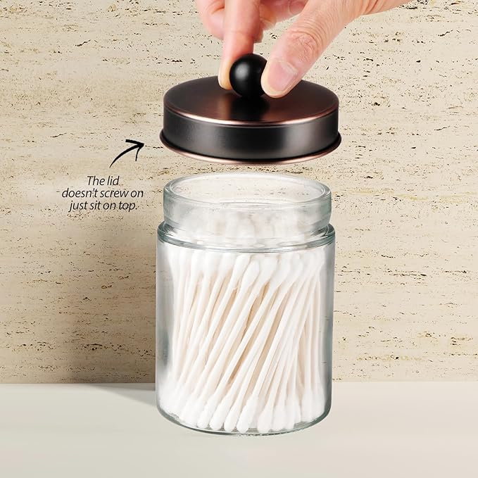 Apothecary Jar Canisters Bathroom Vanity Organizer - Qtip Holder Storage Organizer Countertop -Stainless Steel Lids &Cute Stickers for Qtips,Cotton Swabs,Makeup Sponges,Floss(3 Pack) (ORB)