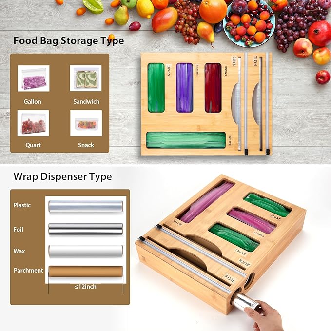 Storage Bag Organizer with Foil and Plastic Wrap Organizer , Aluminum Foil Dispenser with Cutter, Bamboo 6 in 1 Baggie Organizer Suitable for Gallon, Quart, Sandwich, Snack
