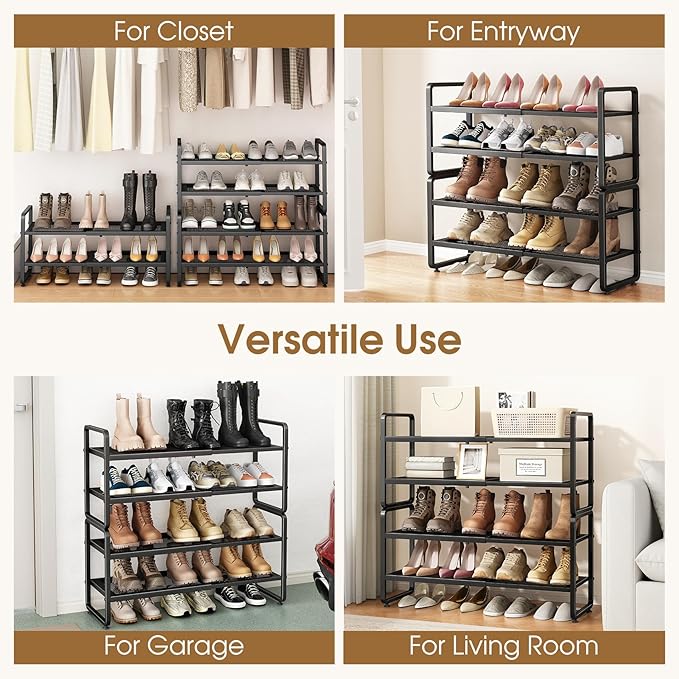 SAYZH Expandable Shoe Rack for Closet, Adjustable Metal Shoe Organizer with Sturdy Mesh Shelves for Boots & Heels, Stackable Shoe Storage for Entryway, Garage, Small Spaces (Black, 4-Tier)