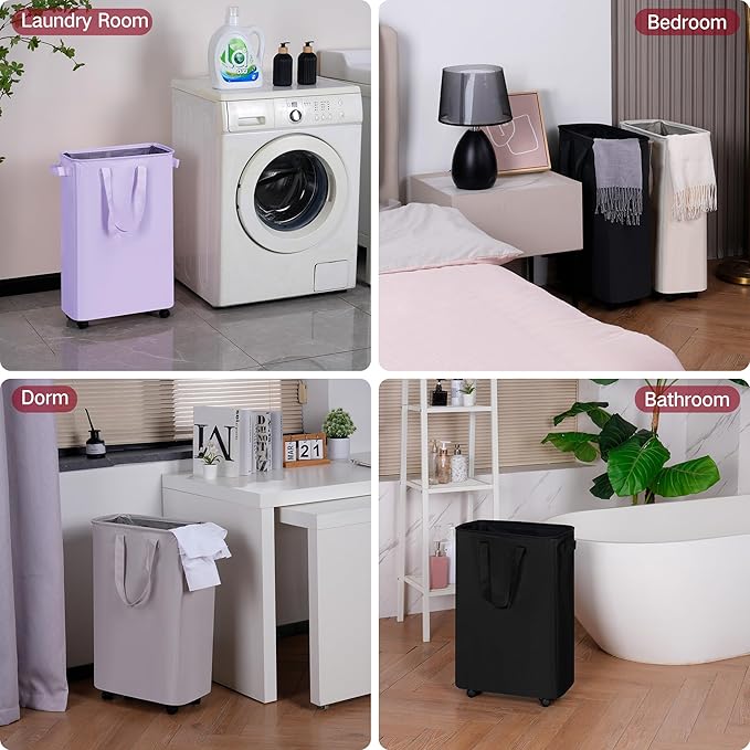 efluky Slim Laundry Hamper with Wheels, Rolling Laundry Basket for Clothes, Small Laundry Basket for Bedroom, Dorm and Laundry Room, 60L (12.7 Gallons) Purple