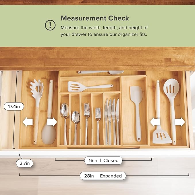 KitchenEdge Premium Silverware, Flatware and Utensil Organizer for Kitchen Drawers, Food-Safe Contract Grade, Expandable from 16 to 28 In, Natural Bamboo