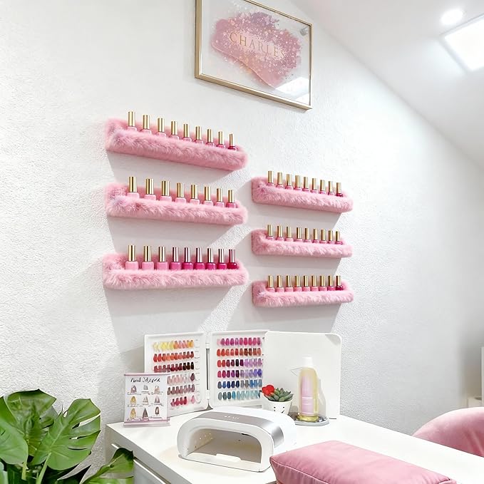 YMVV Nail Polish Wall Shelf - 15-Inch Furry Plush Display & Organizer Rack, Holds 60+ Polishes, Soft Ledge for Bedroom, Bathroom, Salon - Protects Bottles from Scratches,6 Pack Pink