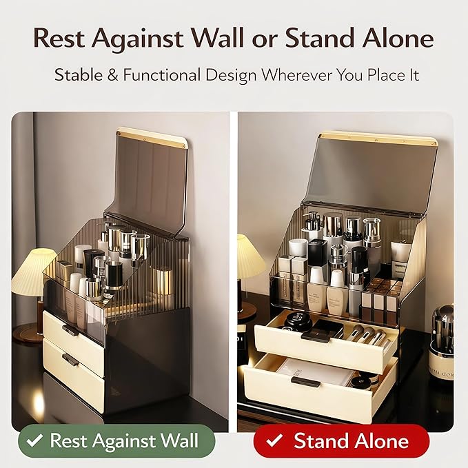 Large 3-Tier Makeup Organizer with Drawers and Lipstick Holder, Dustproof Waterproof Skincare Storage Box for Bathroom Countertop, Vanity Cosmetic Organizer,Clear Black/White