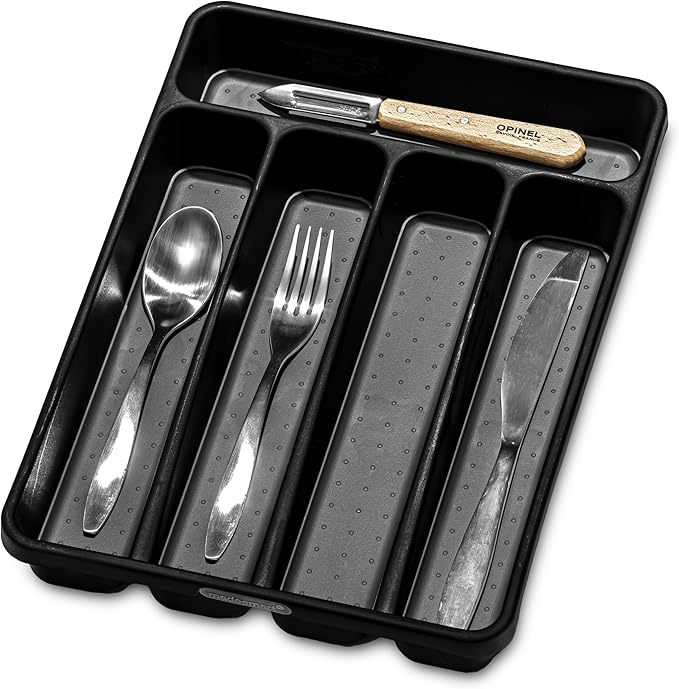 madesmart Small Silverware Tray, Compact 5 Compartment Flatware Organizer for Forks, Knives & Spoons, Non Slip, Soft Grip Lining, Fits Small Drawers, Carbon