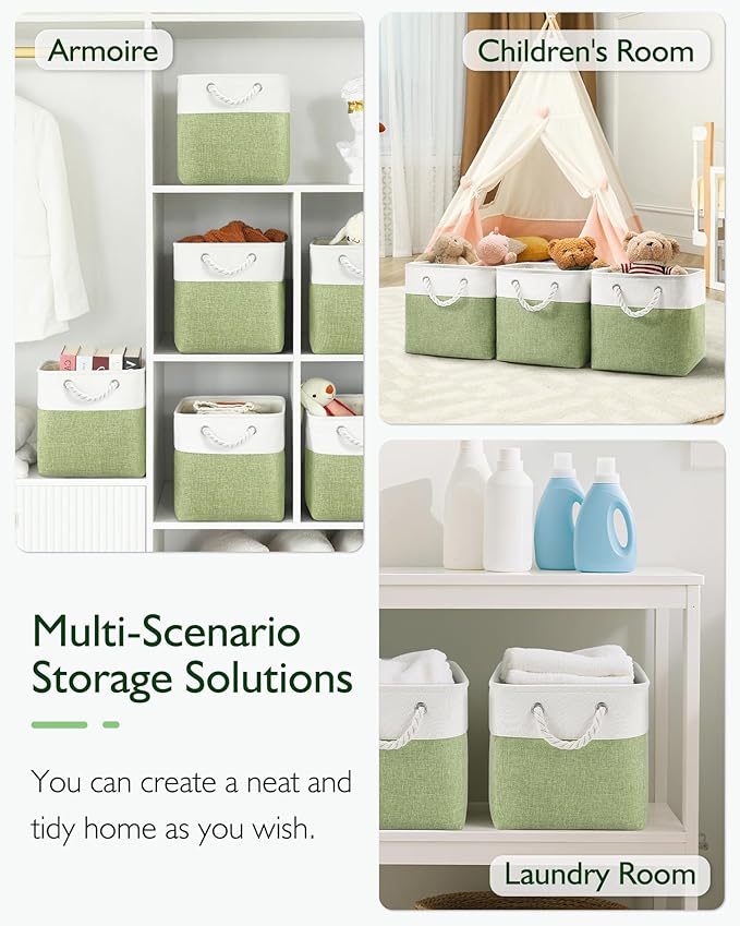 Patvingot 13x13x13 Cube Storage Bins,4 Pack Large Foldable Fabric Storage Cubes with Handles for Organizing Home, Closet, Shelf, Office(White&Green)