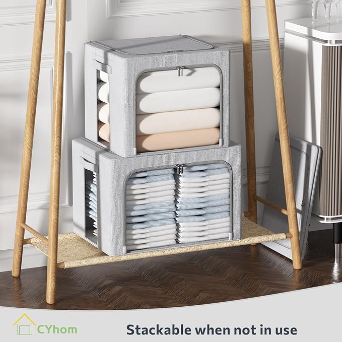 CYhom Clothes Storage Bins Box - Foldable Stackable Container Organizer Set with Clear Window & Carry Handles & Metal Frame - 2Pack Large Capacity for Bedding, Blankets, Books