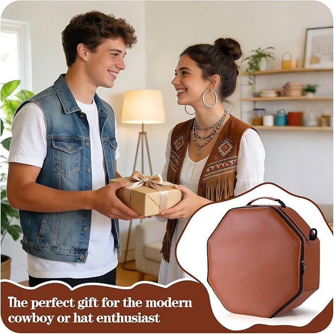 Vegan Leather Cowboy Hat Box for Travel - Large Octagonal Hat Travel Case Fits up to 5 Wide Brim Hats - Padded Hat Storage Organizer with Trolley Sleeve, Clear Window & Shoulder Strap, Brown